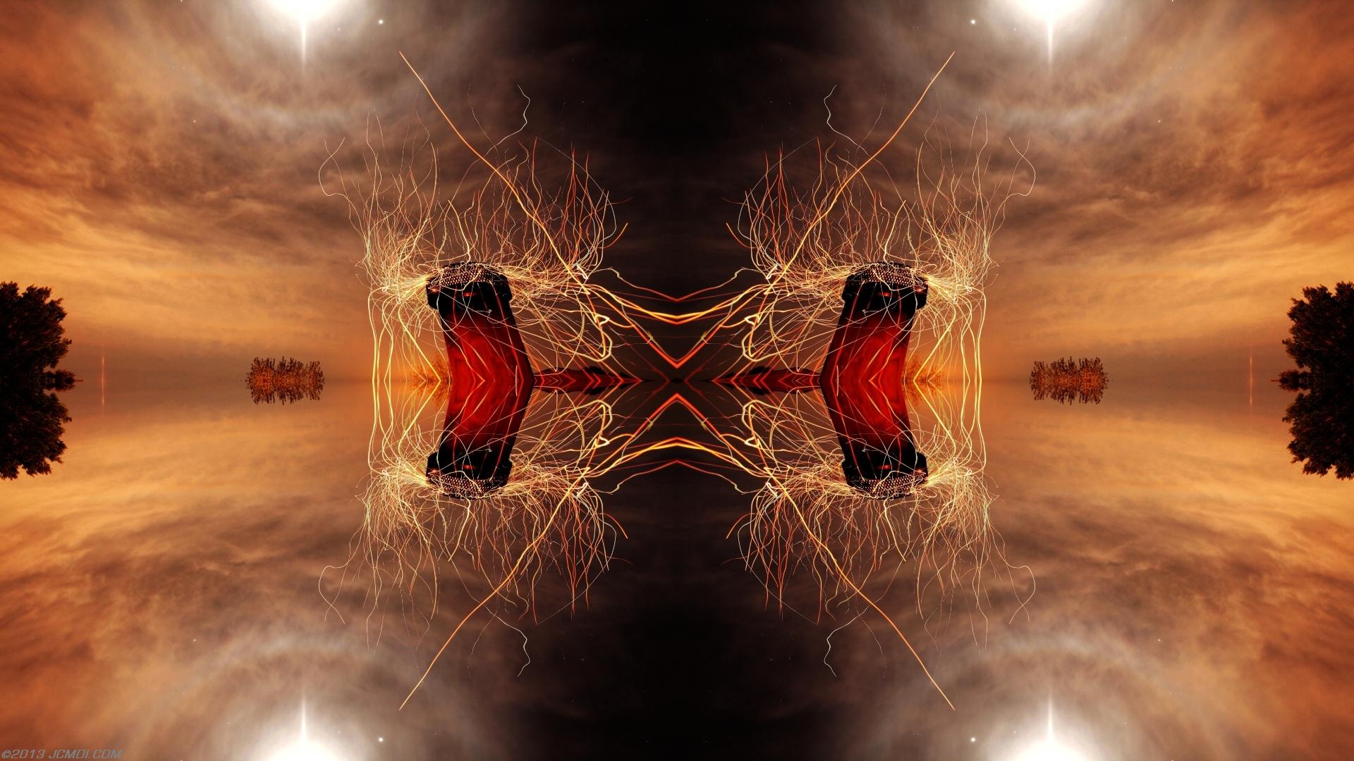 Quadroscopic composite trails: 5D clouds moon chimney sparks and stars